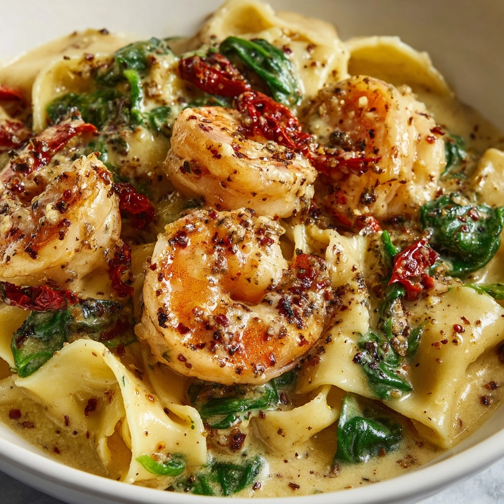 Creamy Sun-Dried Tomato Shrimp with Spinach Pasta Recipe - Recipe Image