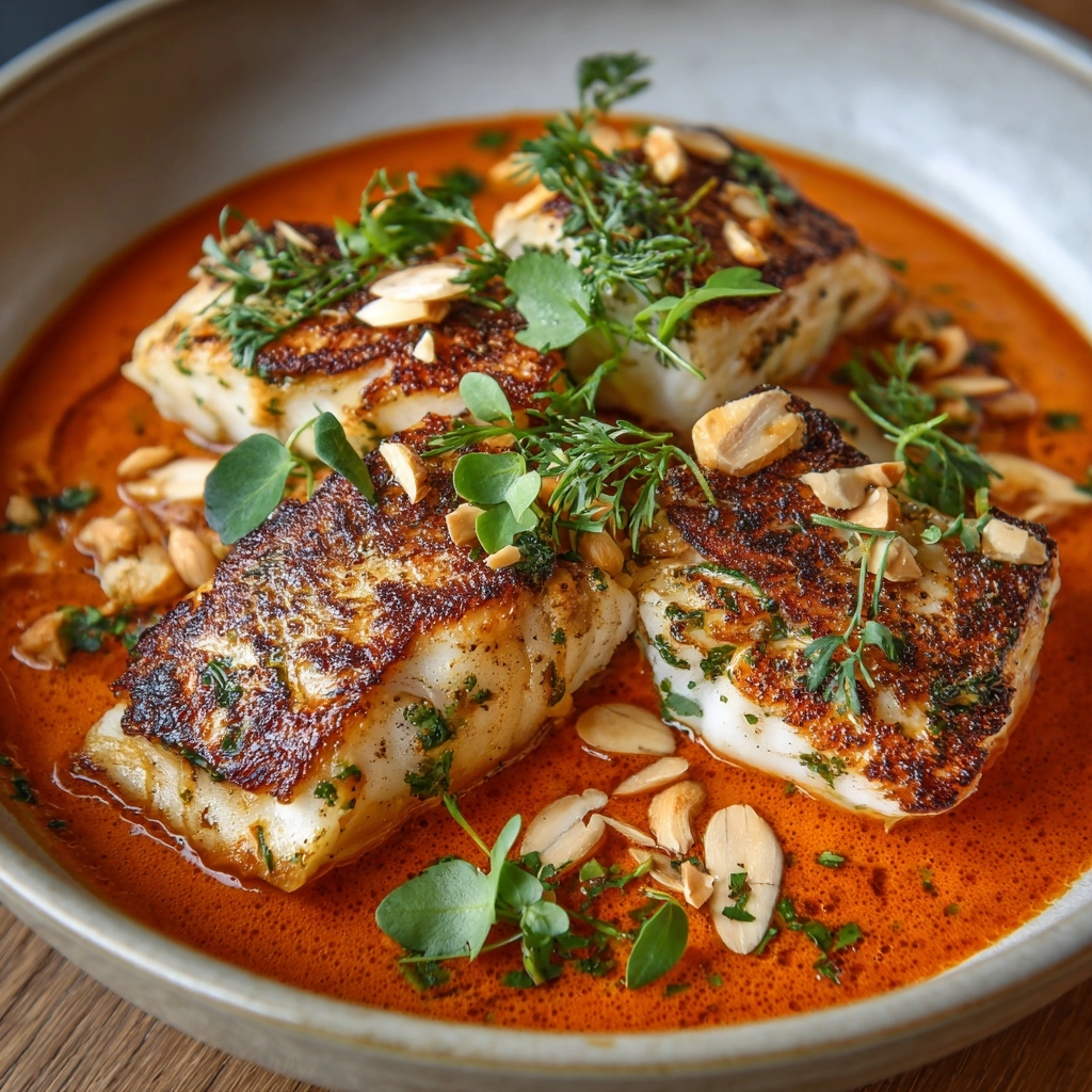 Spanish Grilled Cod with Almond Romesco Sauce Recipe - Recipe Image