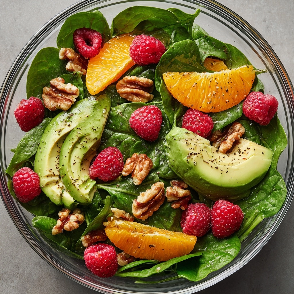 Raspberry-Spinach Salad with Avocado & Walnuts Recipe - Recipe Image