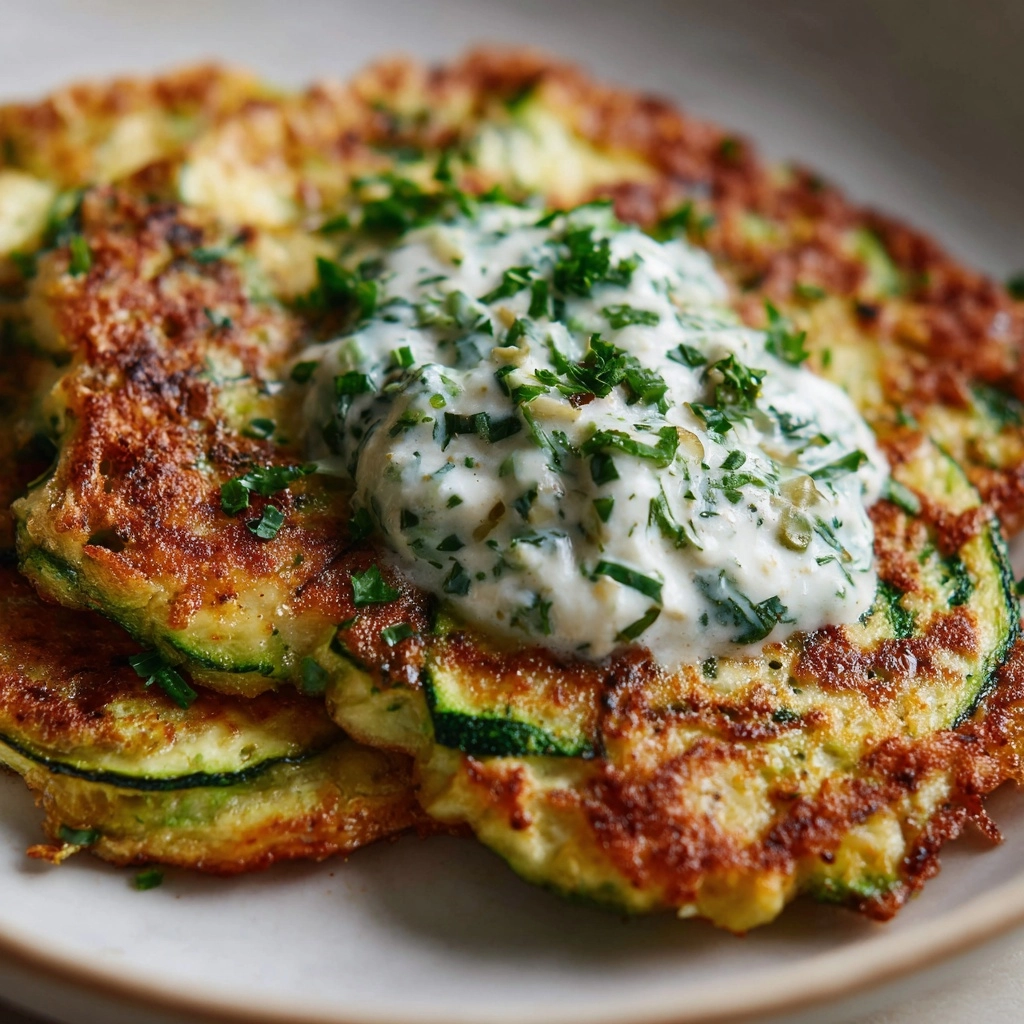 Zucchini, Feta, and Spinach Fritters with Garlic Tzatziki Recipe - Recipe Image