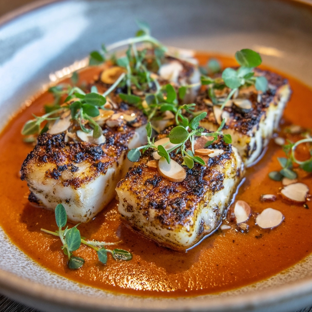 Spanish Grilled Cod with Almond Romesco Sauce Recipe - Recipe Image
