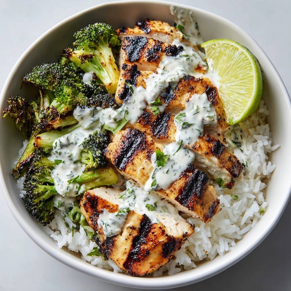 Grilled Chicken & Broccoli Bowls with Creamy Garlic Sauce Recipe - Recipe Image
