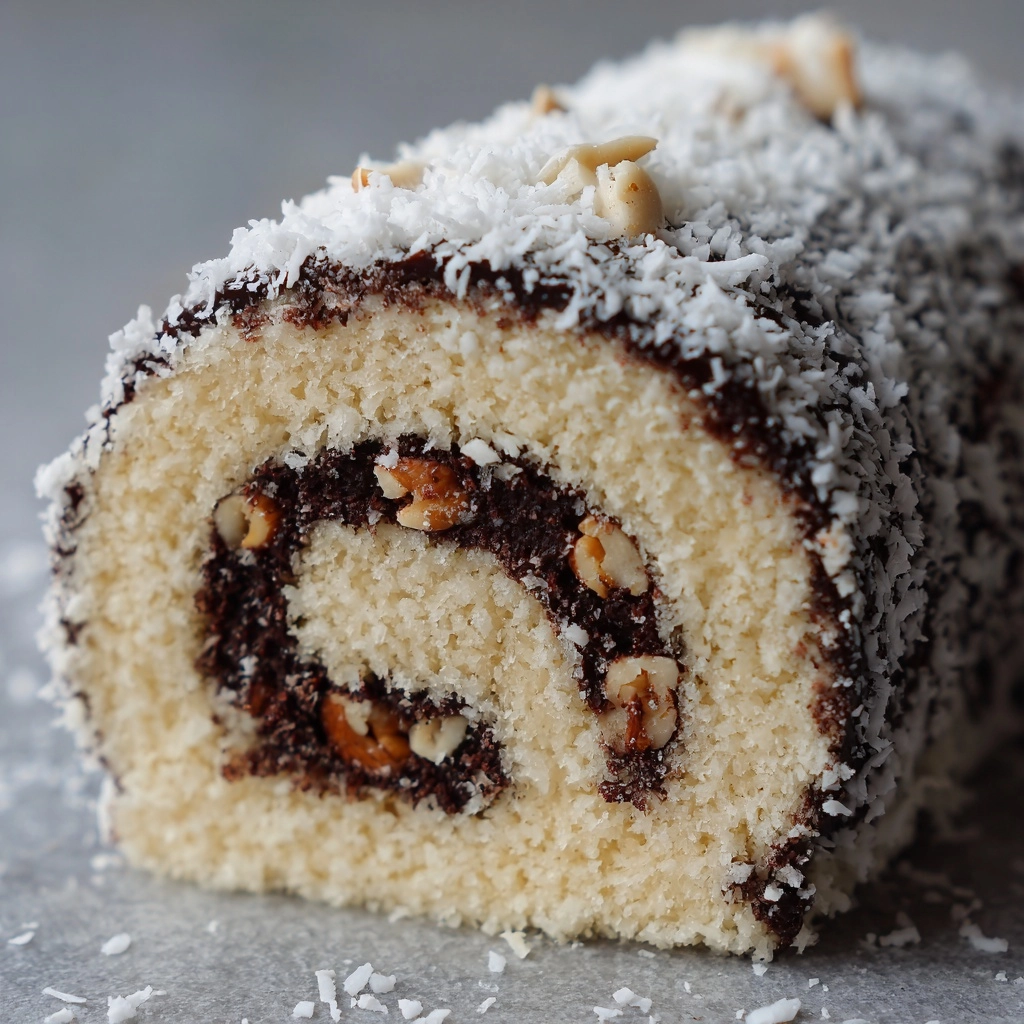 German Chocolate Coconut Pecan Roll Cake Recipe - Recipe Image