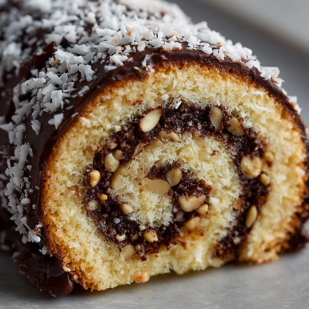 German Chocolate Coconut Pecan Roll Cake Recipe - Recipe Image