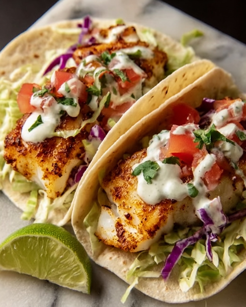 Fish Tacos with Lime Crema and Cabbage Slaw Recipe - Recipe Image