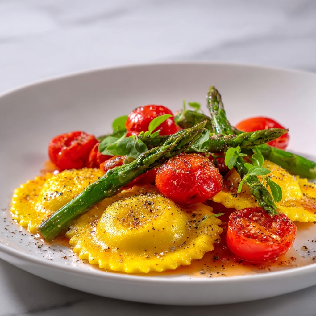 Ravioli with Tomatoes, Asparagus, Garlic, and Herbs Recipe - Recipe Image