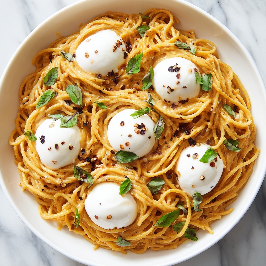 Creamy Red Pepper Pasta with Burrata and Herbs Recipe - Recipe Image