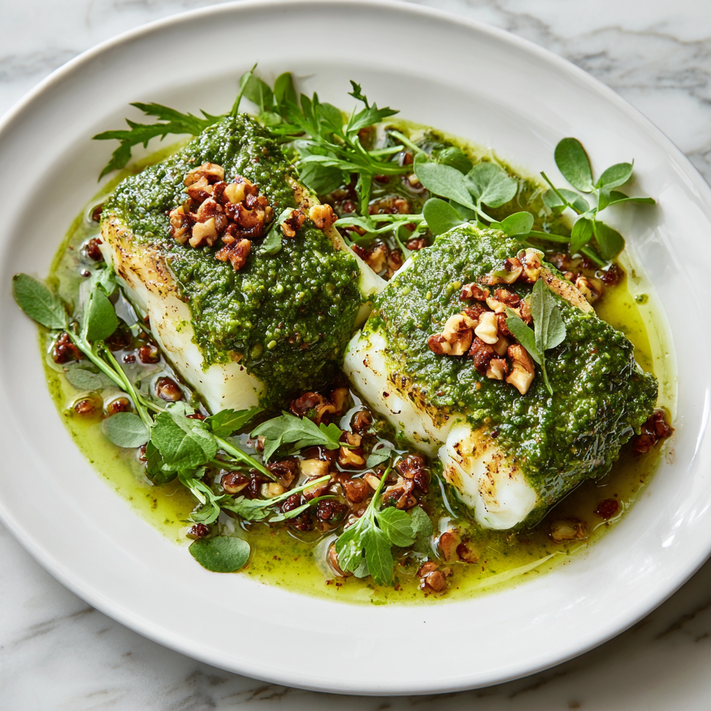 Keto Chilean Seabass with Walnut Pesto Crust Recipe - Recipe Image