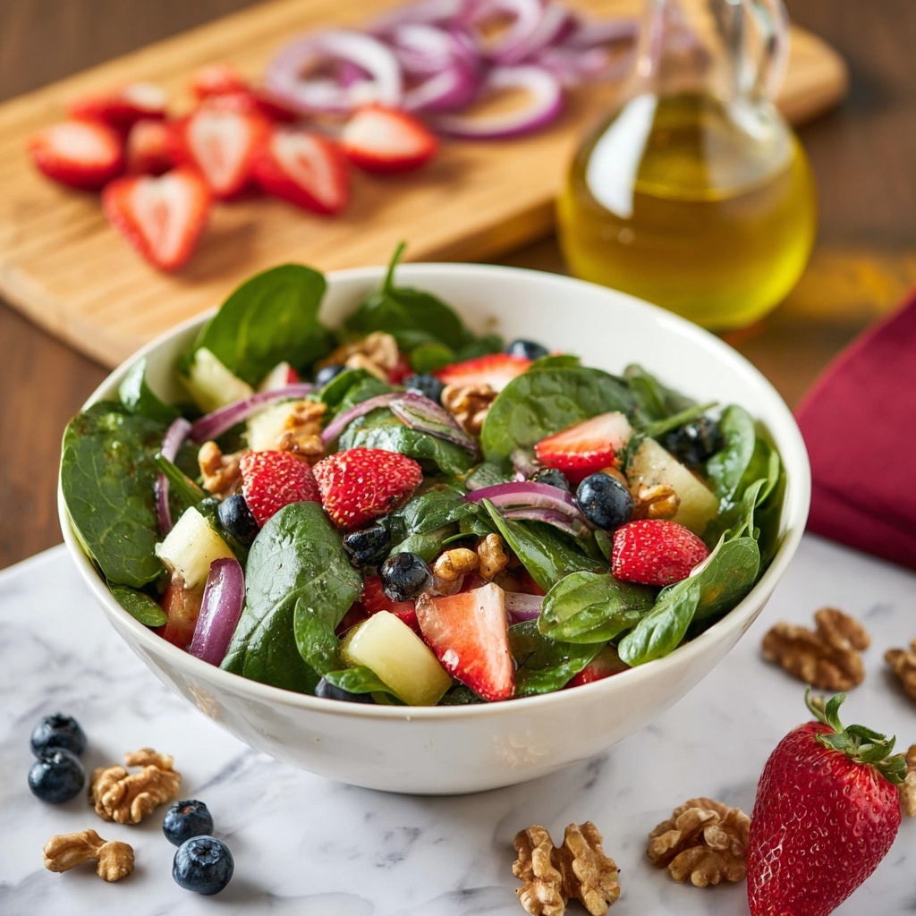 Spinach and Fruit Salad with Walnuts & Lemon Dressing Recipe - Recipe Image