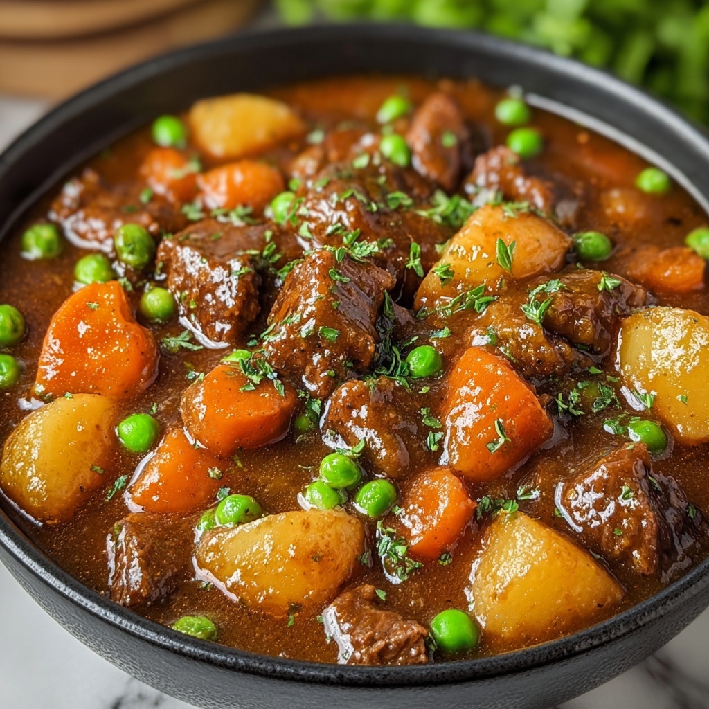 Hearty Beef Stew with Potatoes, Carrots, and Peas Recipe - Recipe Image