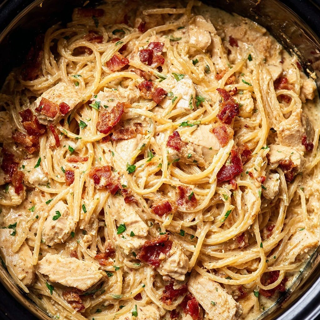 Slow Cooker Chicken Spaghetti with Garlic Parmesan and Bacon Recipe - Recipe Image