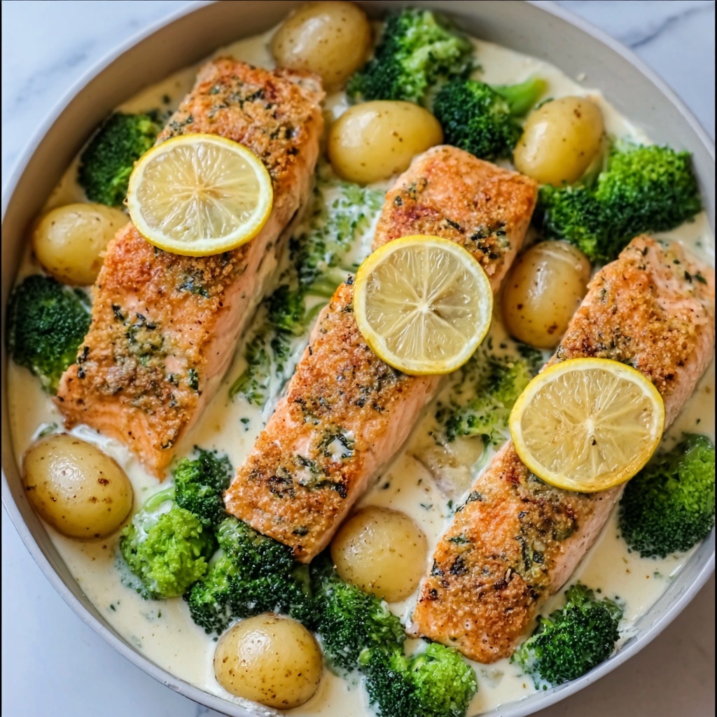 Lemon Butter Salmon with Roasted Potatoes & Broccoli Recipe - Recipe Image