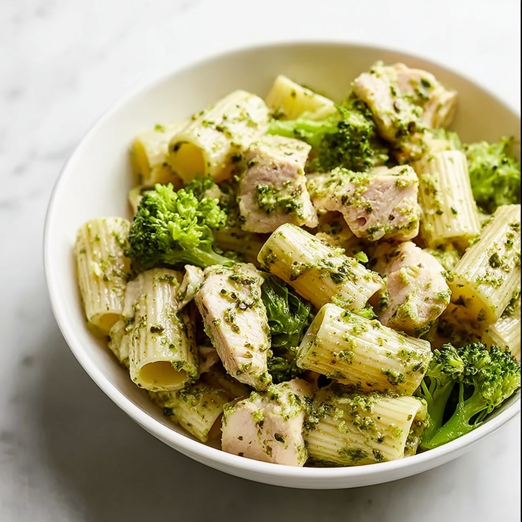 One Pan Creamy Pesto Chicken & Broccoli Pasta Recipe - Recipe Image
