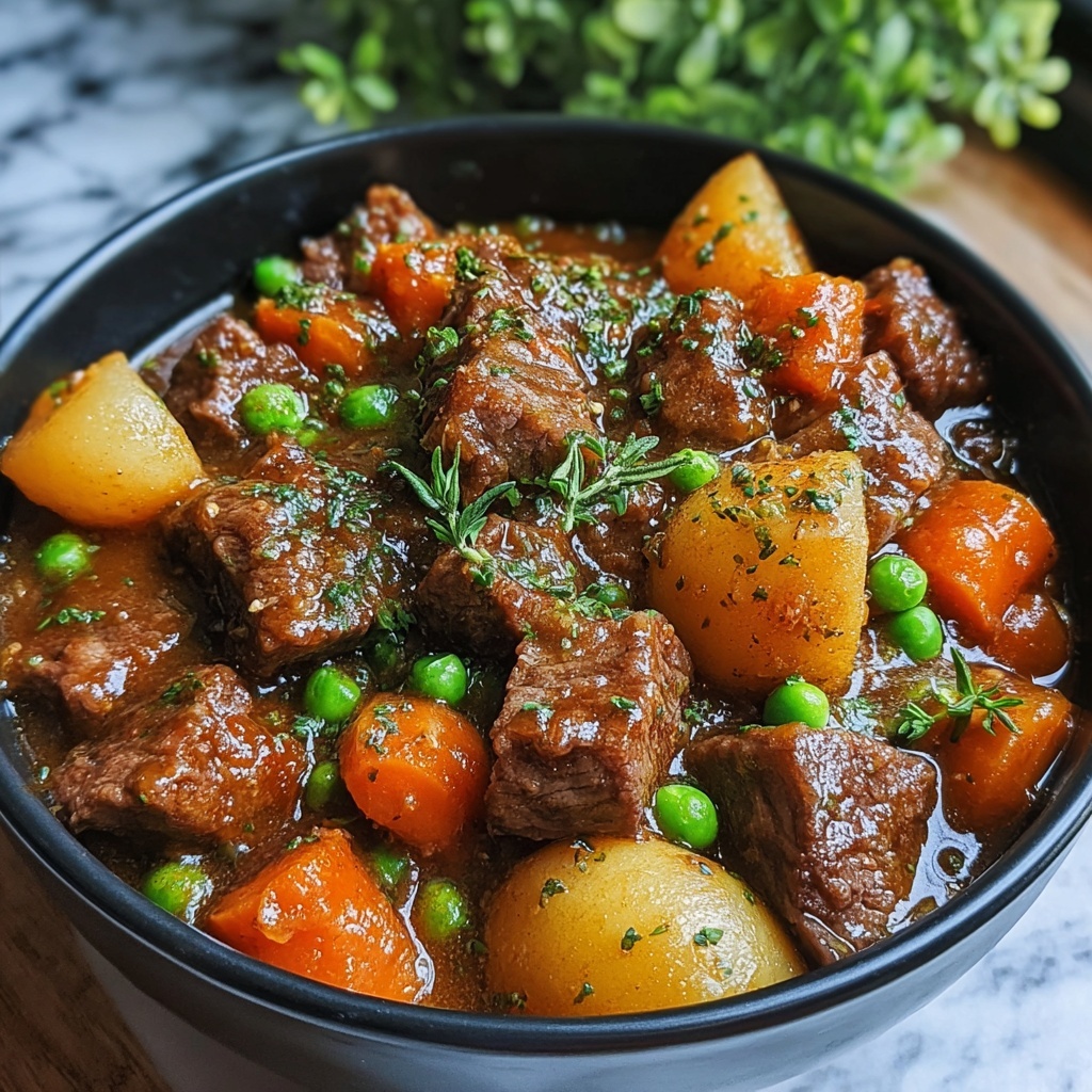 Hearty Beef Stew with Potatoes, Carrots, and Peas Recipe - Recipe Image