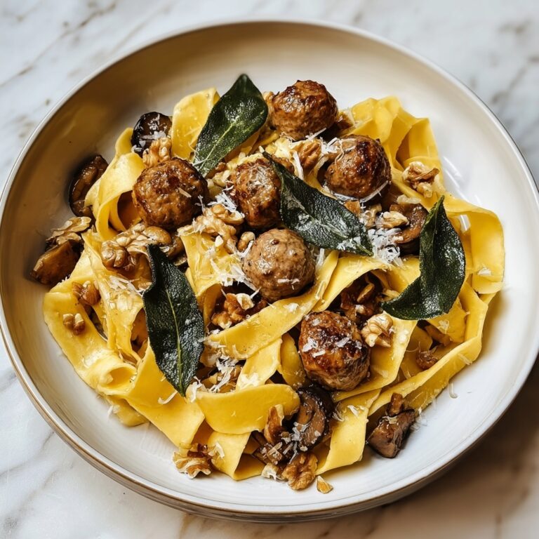 Winter Pasta with Mushrooms, Sausage Meatballs, Walnuts & Crispy Sage Recipe