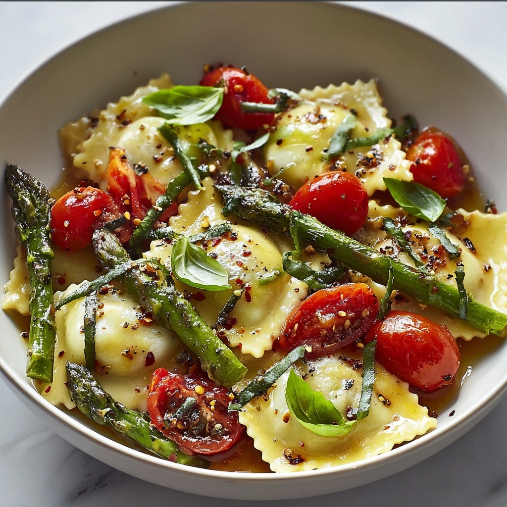 Ravioli with Tomatoes, Asparagus, Garlic, and Herbs Recipe - Recipe Image