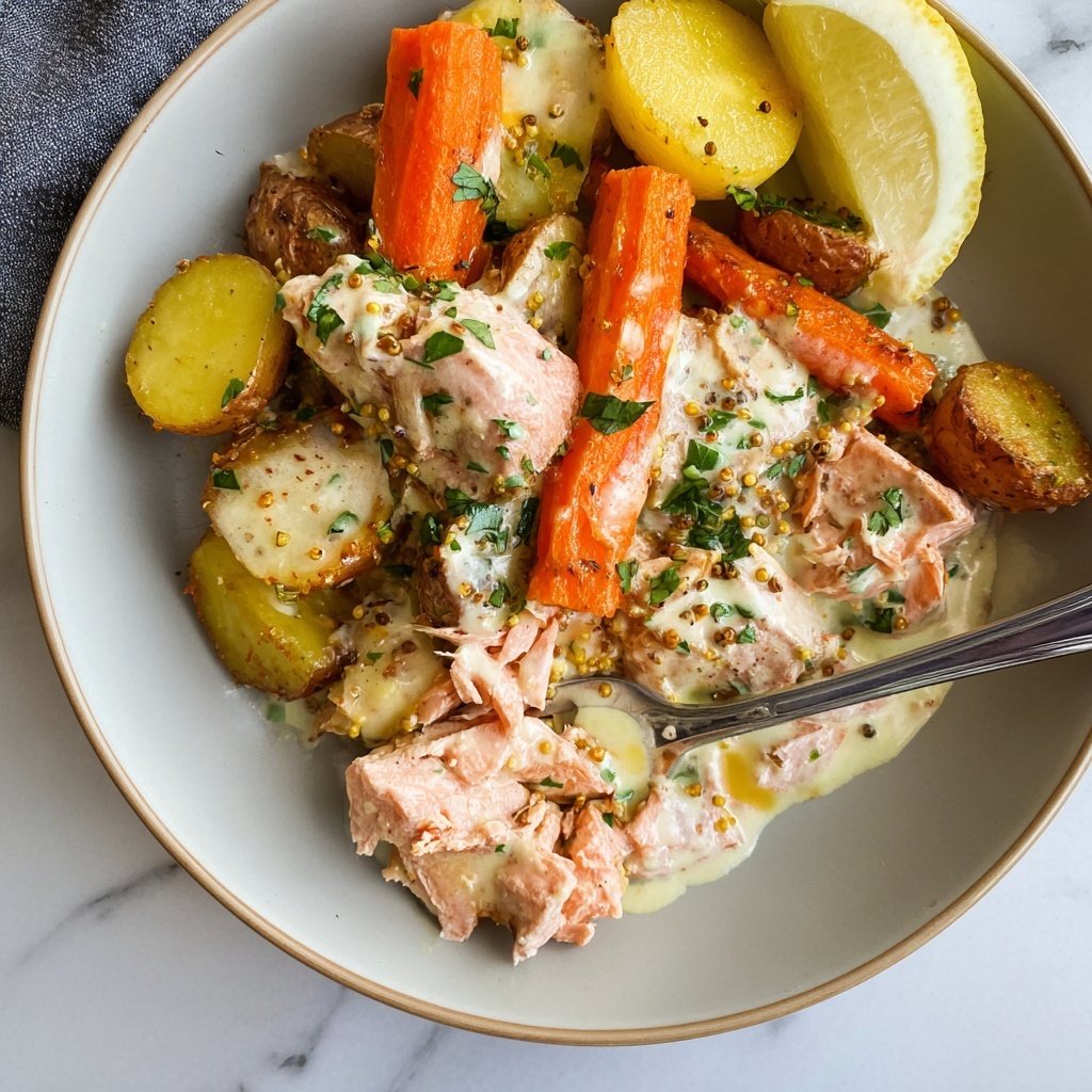 Honey Mustard Salmon Bites with Roasted Potatoes and Carrots Recipe - Recipe Image