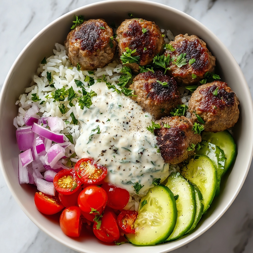 Greek Meatball Bowl with Tzatziki, Rice & Fresh Veggies Recipe - Recipe Image