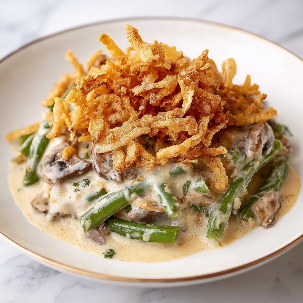 Creamy Green Bean Casserole with Mushrooms and Crispy Onions Recipe - Recipe Image