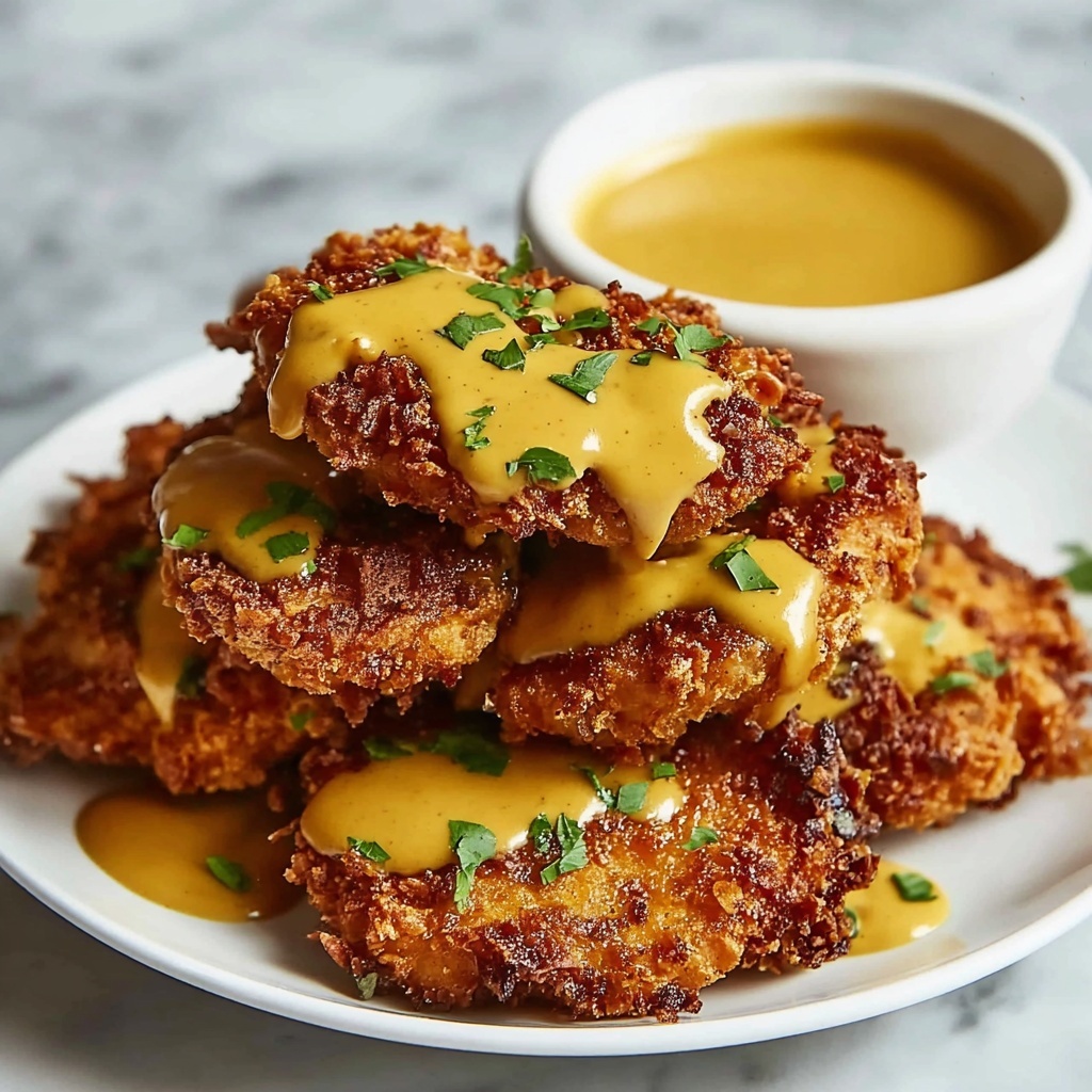 Crispy Pretzel Chicken with Zesty Mustard-Cheddar Sauce - Recipe Image