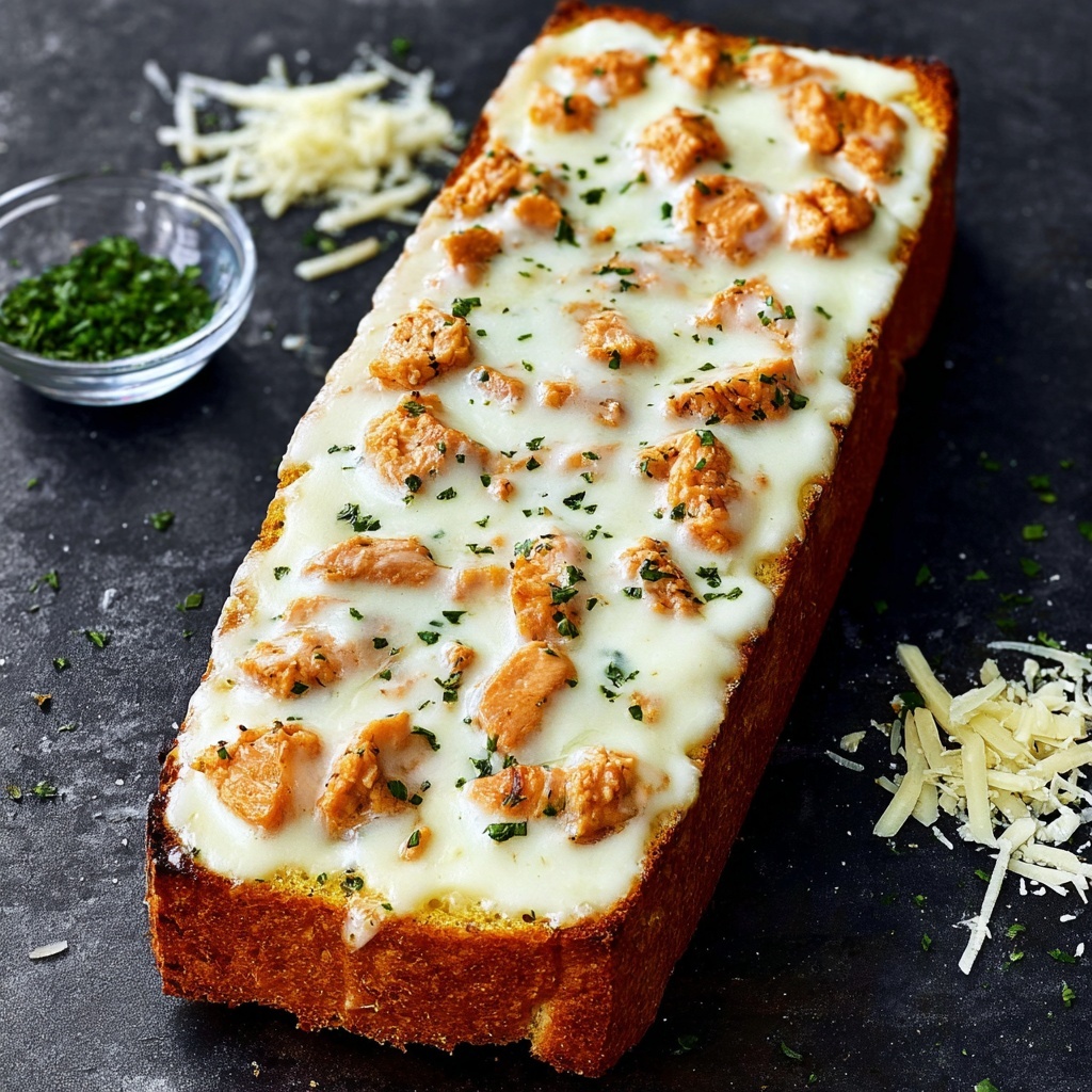 Creamy Chicken Alfredo Garlic Bread Recipe - Recipe Image