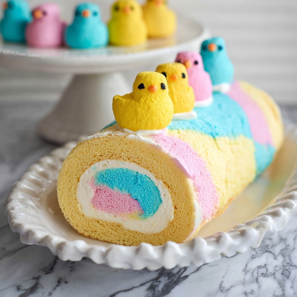 Easter Cake Roll with Colorful Buttercream and Peeps Recipe - Recipe Image