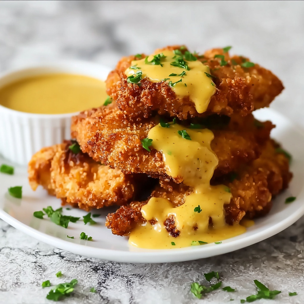 Crispy Pretzel Chicken with Zesty Mustard-Cheddar Sauce - Recipe Image