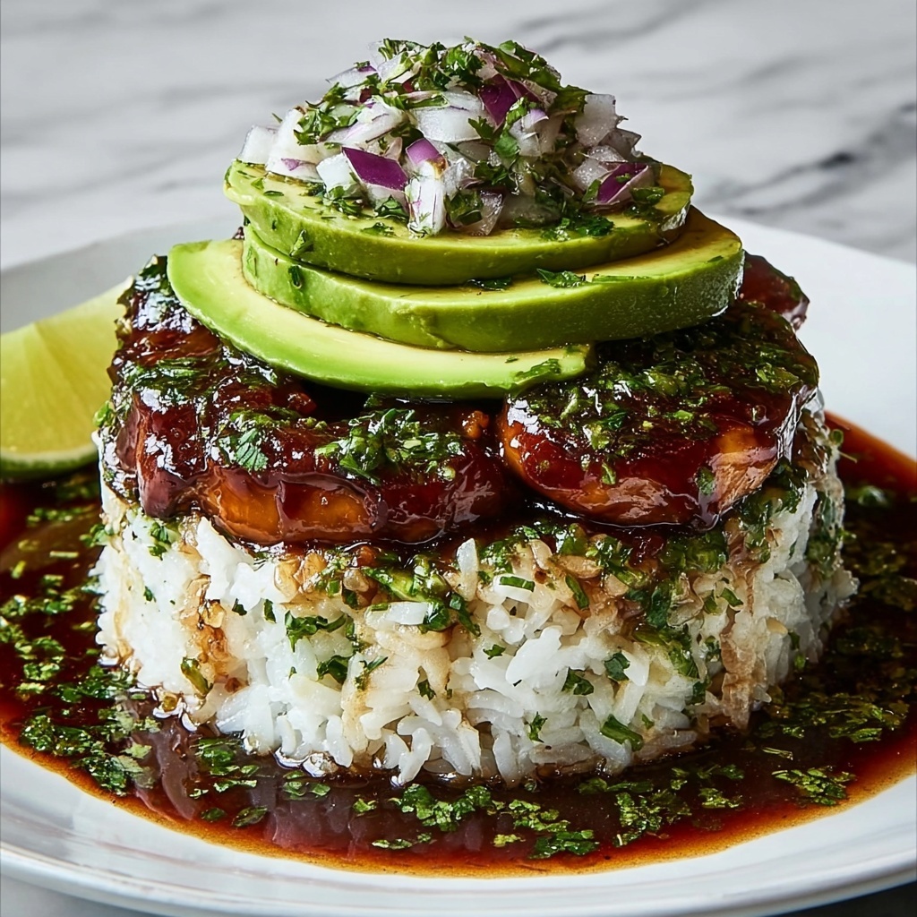 Avocado Rice Stack with Grilled Cumin-Marinated Chicken Recipe - Recipe Image